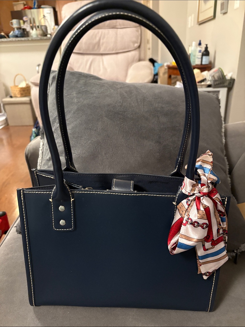 Vintage Structured Navy Tote with Twilly Scarf Accent - Women's Everyday Handbag